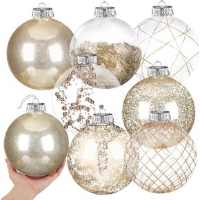 Wettarn Set of 8 Transparent Large Christmas Ball Ornaments 6 Inch Glitter Hanging Plastic Balls Christmas Tree Decorations for Lawn Yard Garden Party with Exquisite Filling Decoration(Champagne Gold)