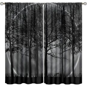 Gothic Forest Curtains Black Dense Fog Forest Nature Star Tree Scenery Art Printed Window Treatments for Living Room Bedroom Foggy Woodland Window Drapes 42"" W X 45"" L, Style