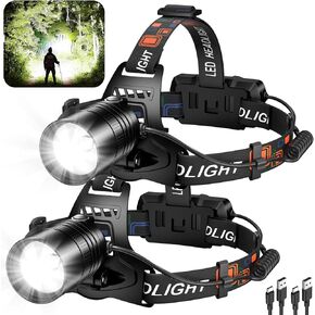 Rechargeable Headlamp High Lumens 2Pack, 990000 Lumen Super Bright Led Head Lamp with 3 Modes & 90° Adjustable, 30H Long Runtime Headlight, Powerful Waterproof Headlamps for Adults Camping
