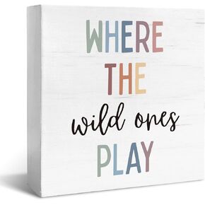 JXREQ Nursery Kids Room Desk Decor, Where The Wild Ones Play Sign Table Decor Wood Box Sign, Colorful Play Room Toddler Kids Room Decorations, 5x5 Inch