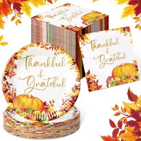150 Pcs Thanksgiving Paper Plates and Napkins Guest Disposable Dinnerware Set Fall Autumn Pumpkin Napkins Dinner Plates Harvest Thanksgiving Party Supplies for 50 Guests (Thankful Grateful)