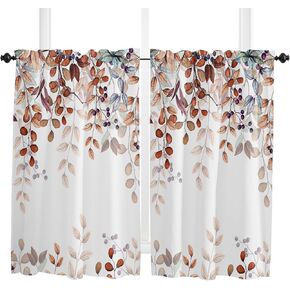 Thanksgiving Kitchen Curtain 36 Inch Length Small Short Cafe Tiers Curtains Drape, 2 Panel Window Treatment Rod Pocket Drapery Panels Curtains, Colored Fall Eucalyptus Leaves 55x36