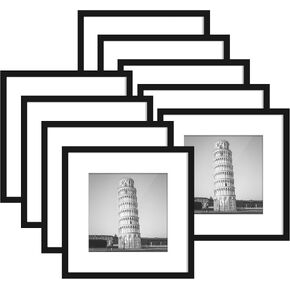 12x12 Picture Frame Set of 9, Gallery Wall Frame Set Display Pictures 8x8 with Mat or 12 x 12 Without Mat, Square Collage Picture Frames for Wall, Black