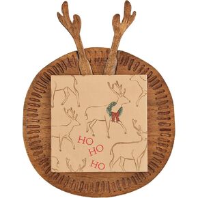 Mud Pie Christmas Antler Set, board 8" dia | spreader 5 1/2" | napkin 5" x 5", Brown
