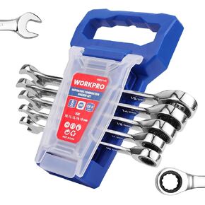 WORKPRO Ratcheting Wrench Set, Metric, 7-piece Ratcheting Combination Wrench Set, 8mm, 10mm, 11mm, 12mm, 13mm, 14mm, 17mm, 12-Point, CR-V Steel, with Organizer Rack