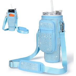 Bling Diamond Water Bottle Carrier Bag with Phone Pocket for Stanley 40/30 oz Tumbler with Card Holder,Neoprene Water Bottle Holder Pouch with Adjustable Strap for Stanley Cup Accessories