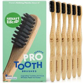 SMARTLIFECO Charcoal Bamboo Toothbrushes PRO - Extra Soft Natural Bristles For Adults & Kids Teeth | Zero Waste Biodegradable Bulk Wooden Tooth Brush | BPA Free Eco-Friendly Vegan Compostable - 6 Pack