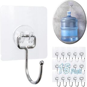 15 pack Large Adhesive Wall Hooks, Damage-Free Waterproof Rustproof 33Ib Max Heavy Duty Hanging Clear Seamless Sticky Utility Hooks, Towel Coat Hangers for Home, Kitchen, Bathroom (Round Head)