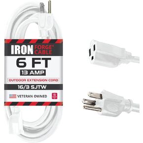 Iron Forge Cable Outdoor Extension Cord 10 ft, 16 Gauge 13 Amp Heavy Duty Power Extension Cords Weatherproof - SJTW - Great for Outdoor Lights, Lawn, Household Appliances - White