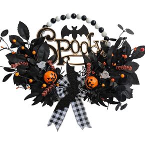 TEMPUS Halloween Wooden Bead Half Wreath for Front Door Exterior Decor, 16" Black Feathered Wooden Bead Wreath, Autumn Decor for Halloween Farmhouse Home Exterior/Interior Decorations