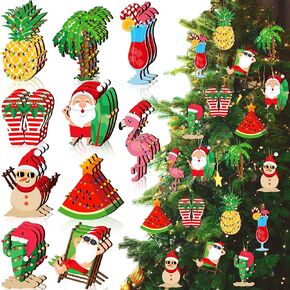 Christmas Wooden Hanging Ornaments Christmas Tree Decorations Beach Wooden Hanging Ornaments with String for Luau Party Supplies Summer Summer Hawaiian Party Decoration(Santa Style, 30 Pieces)