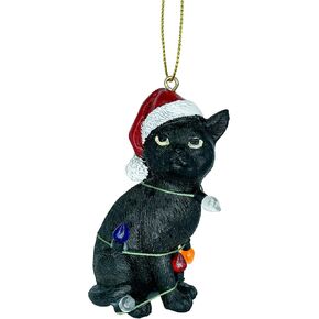 Black Cat Christmas Tree Ornament with Santa Hat Wrapped in Christmas Tree Colored Lights