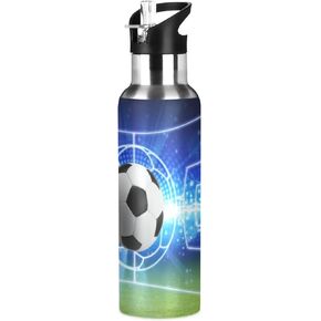 Sport Ball Football Galaxy Soccer Sport Water Bottle with Straw, Vacuum Insulated Stainless Steel Thermal Flask Leakproof BPA Free Drinking Bottle for Gym Fitness Camping-20oz/600ml