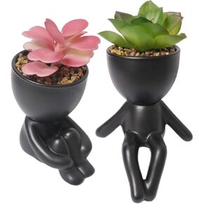 Fake Succulents with Fake Flowers in Pots, 2pcs Cute Succulent Plants Artificial Decorativas, Mini Modern Ceramic Realistic Faux Succulents Decor for Office Desk Shelves Livingroom (Style A)