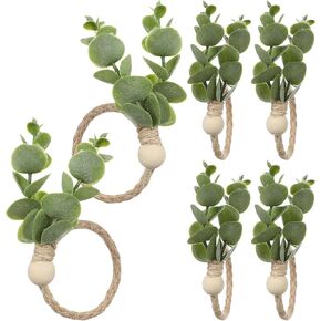 GLEAVI 6 Pcs Napkin Ring Holders: Rustic Eucalyptus Leaf Rings Wood Bead Farmhouse Napkin Rings for Family Dining Banquet Wedding Christmas Easter Holiday Table Decor