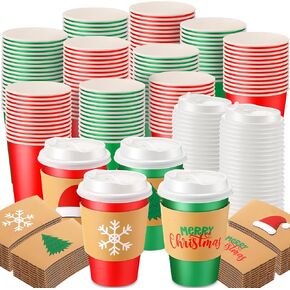 200 12 oz Christmas Cups with Lids and Coffee Cup Sleeves Bulk Red Green Disposable Christmas Paper Coffee Cups for Beverage Chocolate Tea Cocoa Xmas Holiday Table Decorations Party Favors