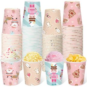 Maxcheck 100 Pcs Pink Christmas Paper Cups 9 oz Disposable Cups Pink Snowflakes Elk Xmas Coffee Cups Hot Drink Cups for Xmas Holiday Party Drinkware Supplies Hot Tea Cold Beverage Cocoa(Cute Style)