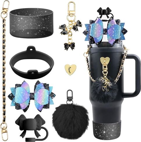 Bling Stanley Cup Accessories for 40oz & 30oz Tumbler including Silicone Cute Bow Straw Topper Cover, Silicone Stanley Cup Boot,Leather Water Bottle Handle Strap, Stanley Charms(Pink) in Saudi Arabia