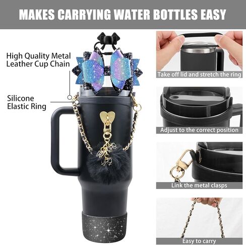 Bling Stanley Cup Accessories for 40oz & 30oz Tumbler including Silicone Cute Bow Straw Topper Cover, Silicone Stanley Cup Boot,Leather Water Bottle Handle Strap, Stanley Charms(Pink) in Saudi Arabia