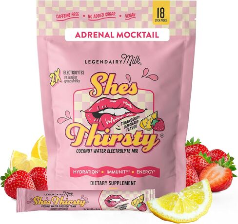 Legendairy Milk She’s Thirsty Hydration Packets | Cortisol Supplement for Stress Relief & Adrenal Support | Coconut Water Electrolytes Powder, Strawberry Lemonade, No Sugar Added 18 ct in Saudi Arabia