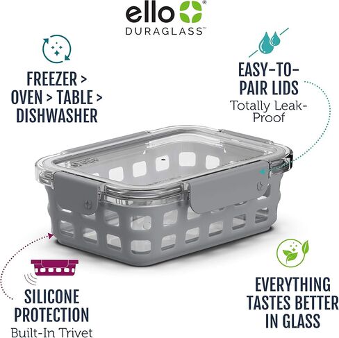 Ello Duraglass Meal Prep Container- Glass Food Storage Container with Silicone Sleeve and Airtight BPA-Free Plastic Lid, Dishwasher, Microwave, and Freezer Safe in Saudi Arabia