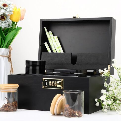 Storage Box with Buckle, Premium Wooden Stash Box Combo Kit with 2 Storage Jars, Rolling Tray, 5 Small Bags and Others Accessory in Saudi Arabia