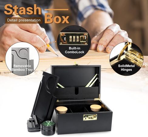 Storage Box with Buckle, Premium Wooden Stash Box Combo Kit with 2 Storage Jars, Rolling Tray, 5 Small Bags and Others Accessory in Saudi Arabia