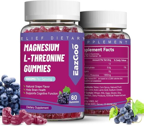 Magnesium Threonine Gummies 1000mg, L-Threonine Gummies for Adults, Best Magnesium Supplements for Brain, Non-GMO, Gluten Free, Vegan, 60 Grape Magnesium Gummies, 30 Day Supply in Saudi Arabia