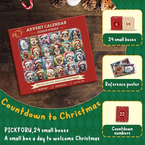 PICKFORU Christmas Advent Calendar 2024 Puzzles for Adults 1000 Pieces, Dog Mosaic Stained Glass Puzzle Countdown Calendar, Colorful Animal Christmas Jigsaw Puzzles as Home Decor in Saudi Arabia