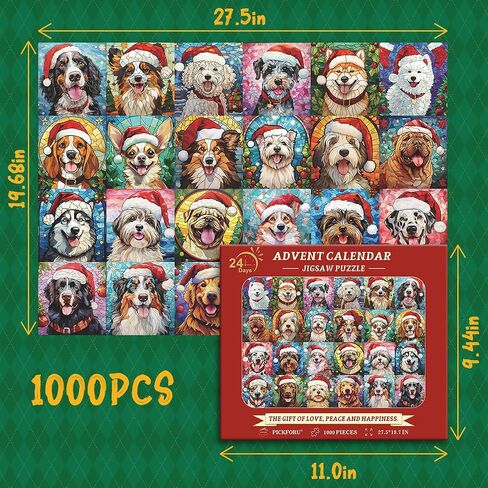 PICKFORU Christmas Advent Calendar 2024 Puzzles for Adults 1000 Pieces, Dog Mosaic Stained Glass Puzzle Countdown Calendar, Colorful Animal Christmas Jigsaw Puzzles as Home Decor in Saudi Arabia