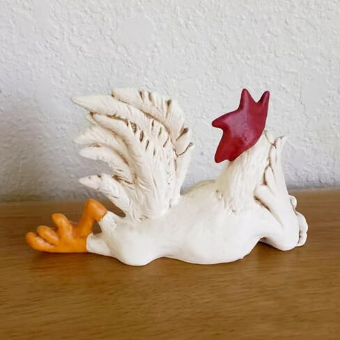 Rooster Decor with Long Eyelashes White Rooster Statue Enchanting Posture Rooster Decor Garden Chicken Rooster Lying Down Sculpture Funny Winking Rooster Statue(Color:White) in Kuwait