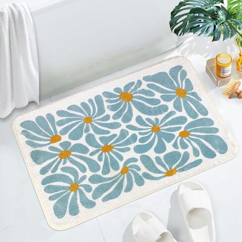 Bathroom Mat Cute Flower Bath Rug, Soft Cozy Microfiber Slip Floor Carpet Decor Absorbent Washable，Bedroom Bathtub Shower(18x26in Teal) in Saudi Arabia
