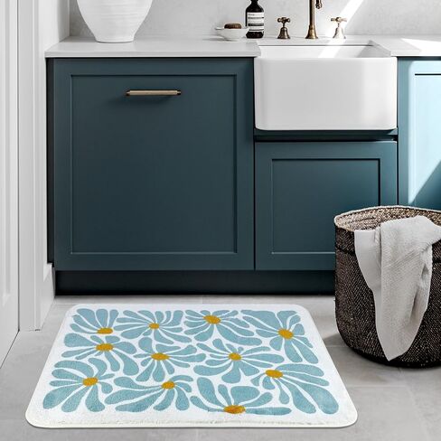 Bathroom Mat Cute Flower Bath Rug, Soft Cozy Microfiber Slip Floor Carpet Decor Absorbent Washable，Bedroom Bathtub Shower(18x26in Teal) in Saudi Arabia