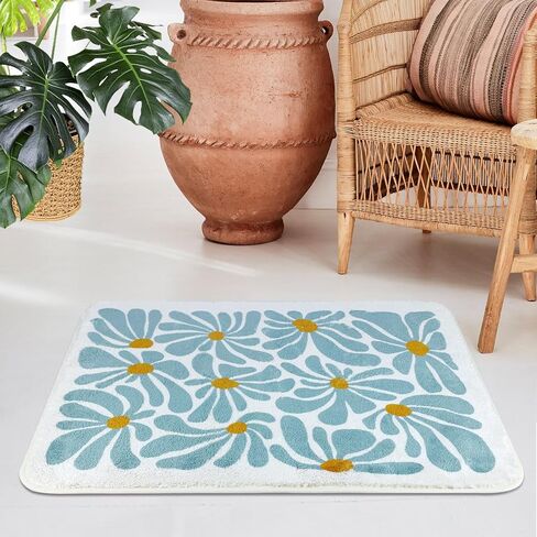 Bathroom Mat Cute Flower Bath Rug, Soft Cozy Microfiber Slip Floor Carpet Decor Absorbent Washable，Bedroom Bathtub Shower(18x26in Teal) in Saudi Arabia