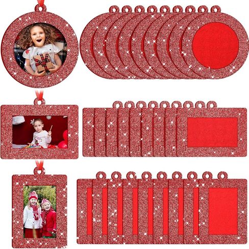 Jetec 30 Pcs Christmas Photo Frame Ornaments with Rope Mini Felt Hanging Picture Frame Round Square Rectangle Photo Frame Xmas Tree Decoration for Holiday Party Decor(Glitter) in Saudi Arabia