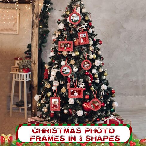 Jetec 30 Pcs Christmas Photo Frame Ornaments with Rope Mini Felt Hanging Picture Frame Round Square Rectangle Photo Frame Xmas Tree Decoration for Holiday Party Decor(Glitter) in Saudi Arabia
