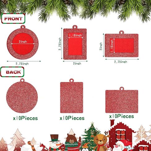 Jetec 30 Pcs Christmas Photo Frame Ornaments with Rope Mini Felt Hanging Picture Frame Round Square Rectangle Photo Frame Xmas Tree Decoration for Holiday Party Decor(Glitter) in Saudi Arabia