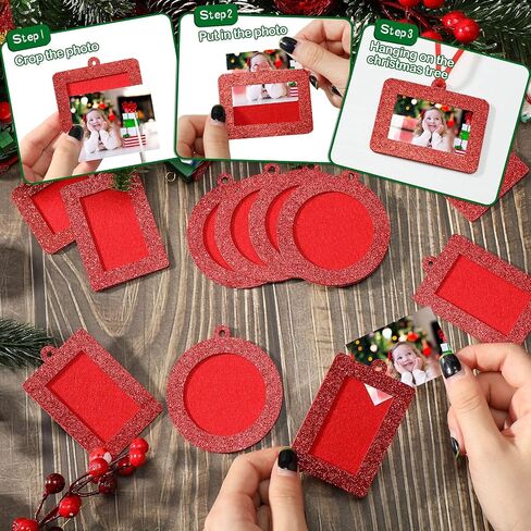 Jetec 30 Pcs Christmas Photo Frame Ornaments with Rope Mini Felt Hanging Picture Frame Round Square Rectangle Photo Frame Xmas Tree Decoration for Holiday Party Decor(Glitter) in Saudi Arabia