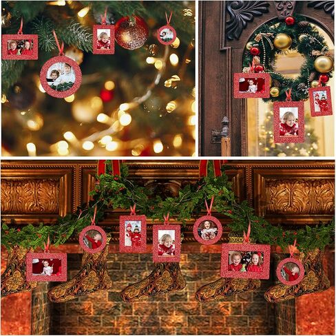 Jetec 30 Pcs Christmas Photo Frame Ornaments with Rope Mini Felt Hanging Picture Frame Round Square Rectangle Photo Frame Xmas Tree Decoration for Holiday Party Decor(Glitter) in Saudi Arabia