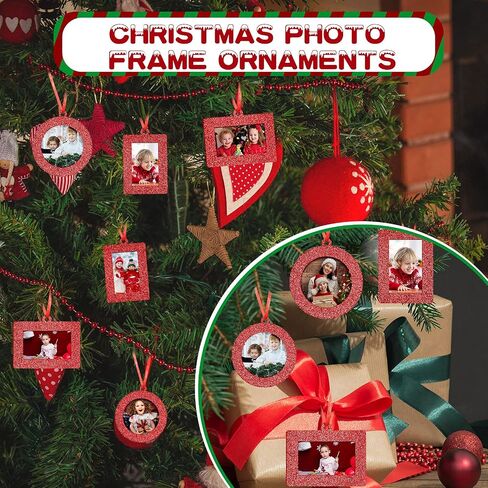 Jetec 30 Pcs Christmas Photo Frame Ornaments with Rope Mini Felt Hanging Picture Frame Round Square Rectangle Photo Frame Xmas Tree Decoration for Holiday Party Decor(Glitter) in Saudi Arabia