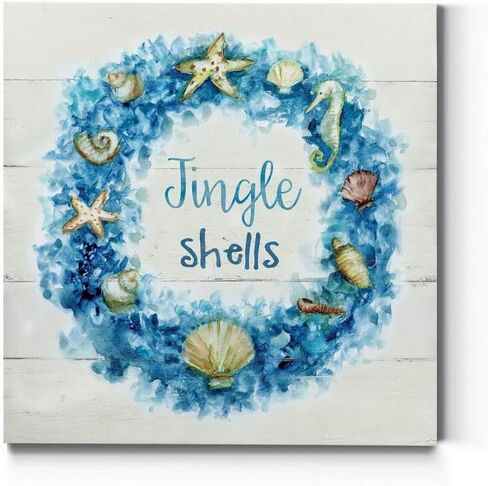 Renditions Gallery Jingle Shells Wreath Wall Art, Cute Christmas & Winter Artwork, Colorful Ocean & Beach Theme, Premium Gallery Wrapped Canvas Decor, Ready to Hang, 10 in H x 10 in W, Made in America in Kuwait