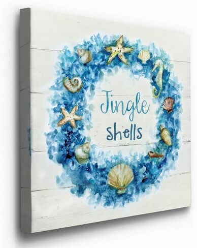 Renditions Gallery Jingle Shells Wreath Wall Art, Cute Christmas & Winter Artwork, Colorful Ocean & Beach Theme, Premium Gallery Wrapped Canvas Decor, Ready to Hang, 10 in H x 10 in W, Made in America in Kuwait