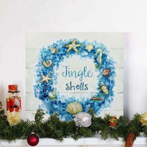 Renditions Gallery Jingle Shells Wreath Wall Art, Cute Christmas & Winter Artwork, Colorful Ocean & Beach Theme, Premium Gallery Wrapped Canvas Decor, Ready to Hang, 10 in H x 10 in W, Made in America in Kuwait