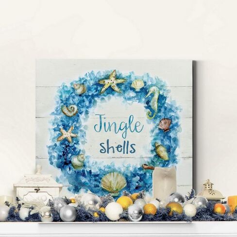 Renditions Gallery Jingle Shells Wreath Wall Art, Cute Christmas & Winter Artwork, Colorful Ocean & Beach Theme, Premium Gallery Wrapped Canvas Decor, Ready to Hang, 10 in H x 10 in W, Made in America in Kuwait