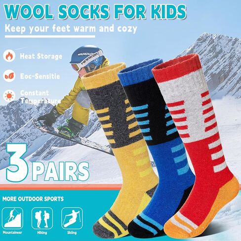 Velice Kids Merino Wool Ski Socks 3 Pairs Boys Girls Thermal Thick Warm Winter Cozy Boot Socks for Skiing Snowboarding in Kuwait