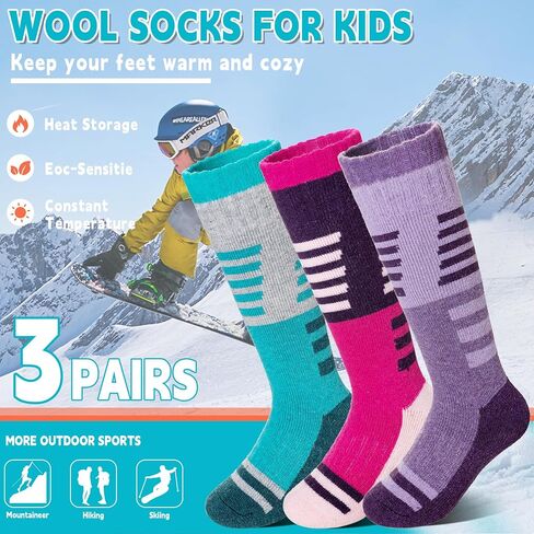 Velice Kids Merino Wool Ski Socks 3 Pairs Boys Girls Thermal Thick Warm Winter Cozy Boot Socks for Skiing Snowboarding in Kuwait