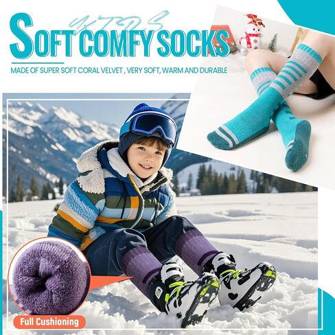 Velice Kids Merino Wool Ski Socks 3 Pairs Boys Girls Thermal Thick Warm Winter Cozy Boot Socks for Skiing Snowboarding in Kuwait