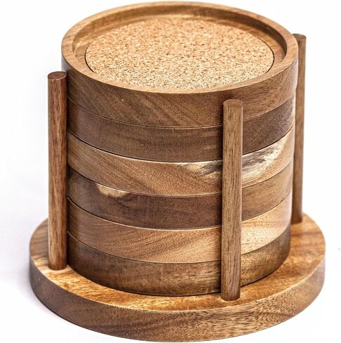 Wood Cork Coasters for Drinks with Holder, 4.13 Inch, Set of 6, Acacia Wood Coasters, Absorbent Coaster, Absorbent Drink Coasters, Table Coasters for Wood Table, Coasters for Coffee in Saudi Arabia