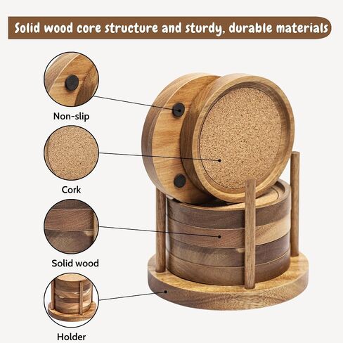Wood Cork Coasters for Drinks with Holder, 4.13 Inch, Set of 6, Acacia Wood Coasters, Absorbent Coaster, Absorbent Drink Coasters, Table Coasters for Wood Table, Coasters for Coffee in Saudi Arabia