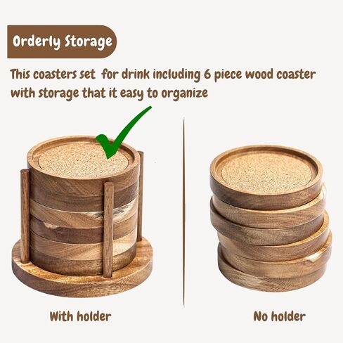 Wood Cork Coasters for Drinks with Holder, 4.13 Inch, Set of 6, Acacia Wood Coasters, Absorbent Coaster, Absorbent Drink Coasters, Table Coasters for Wood Table, Coasters for Coffee in Saudi Arabia